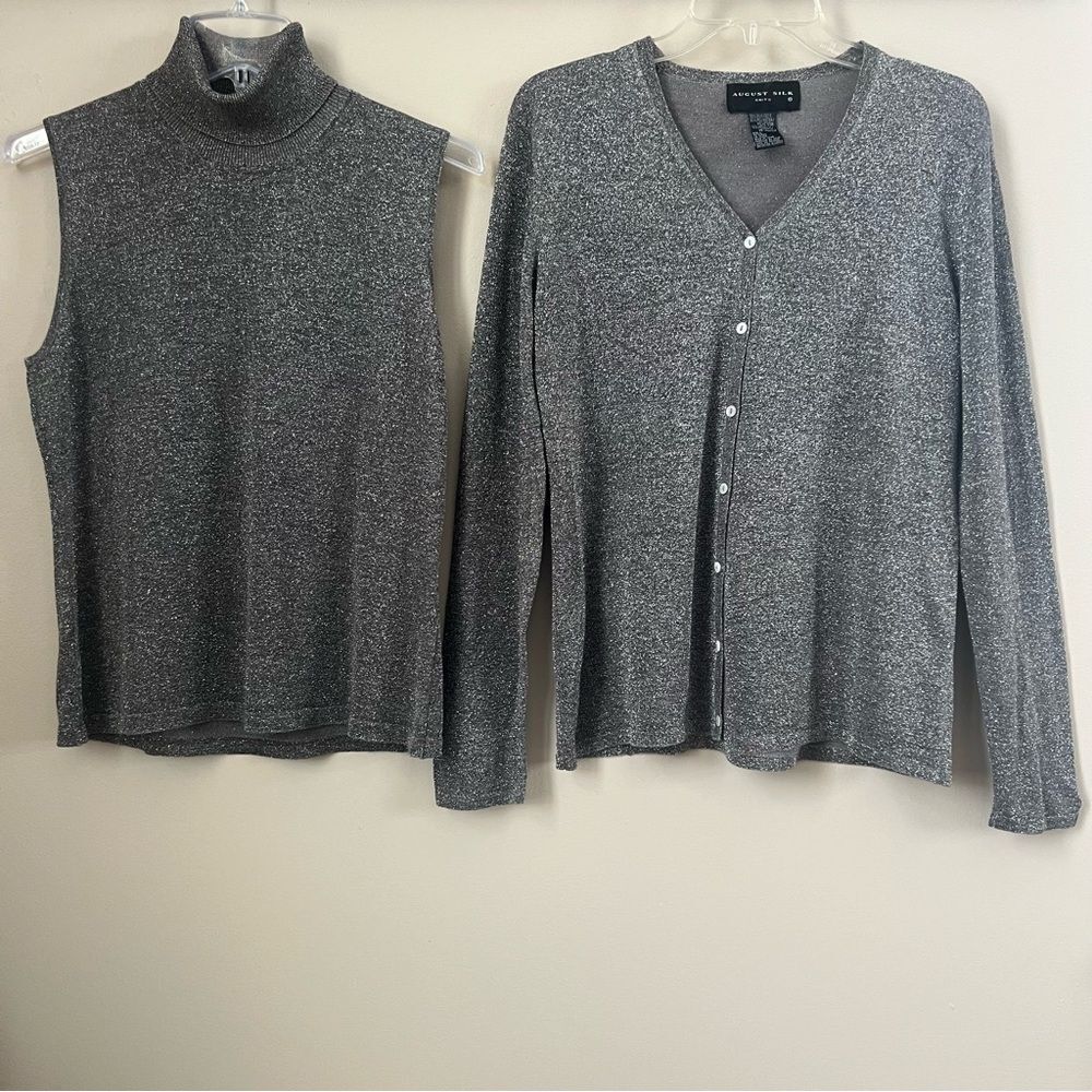 August Silk Shimmering Metallic Silver Knit Cardigan & Turtleneck Twinset SZ L - Picture 3 of 15